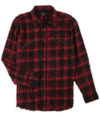 I-N-C Mens Frayed Plaid Button Up Shirt