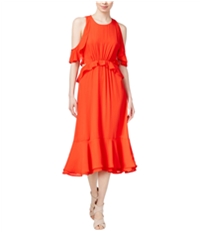 Maison Jules Womens Ruffled Cold-Shoulder Midi Dress