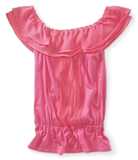 Aeropostale Womens Ruffled Ribbed Placket Sheer Dolman Blouse