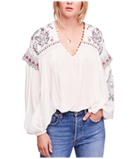 Free People Womens Embroidered V Neck Pullover Blouse