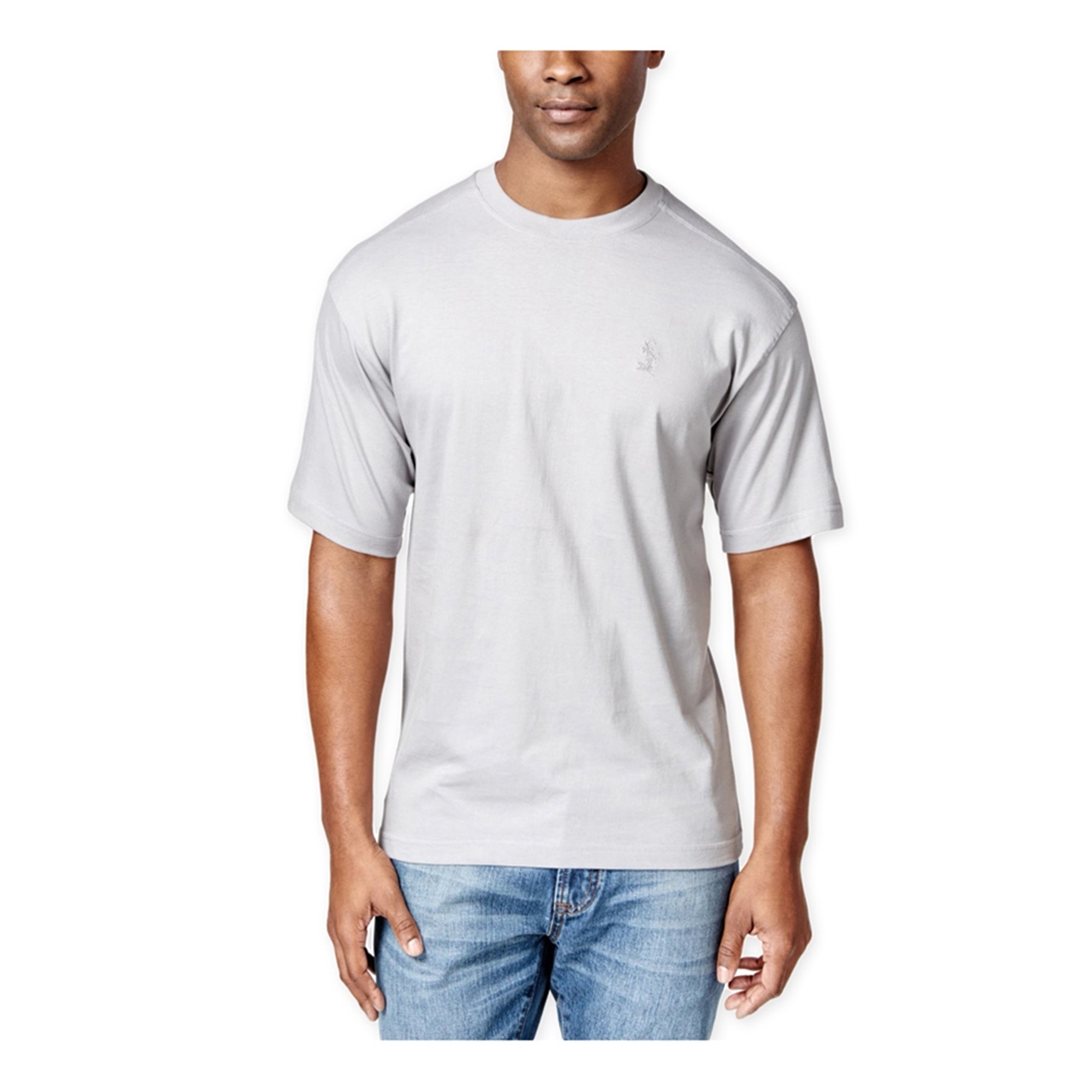 men white and blue graphic tee