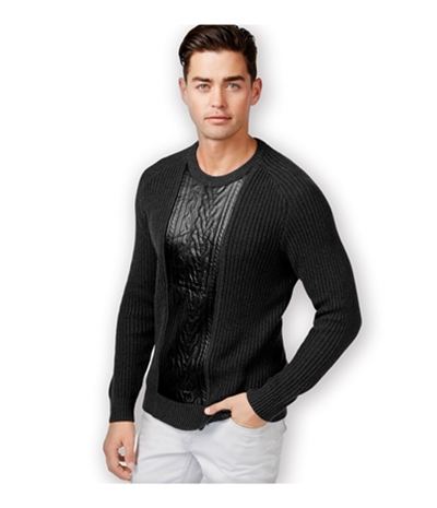 I-N-C Mens Faux Leather Cable Knit Pullover Sweater, TW1