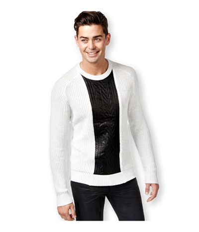 I-N-C Mens Faux Leather Cable Knit Pullover Sweater, TW3