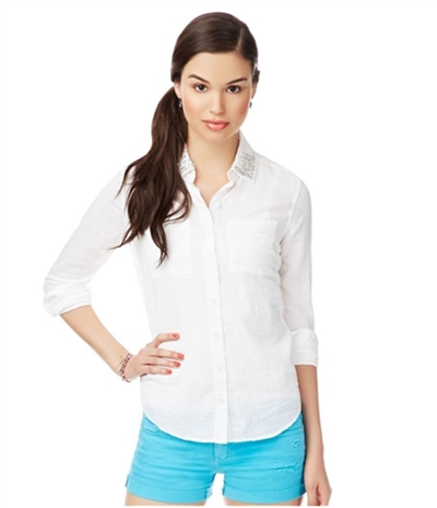 Aeropostale Womens Crinkled Embellished Button Up Shirt