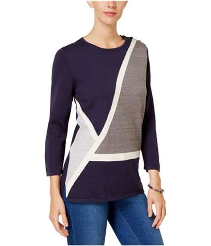 Alfred Dunner Womens Colorblocked Pullover Sweater navy L