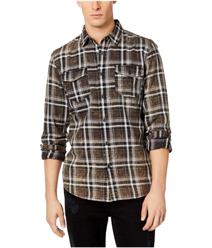 American Rag Mens Distressed Plaid Button Up Shirt greycombo M