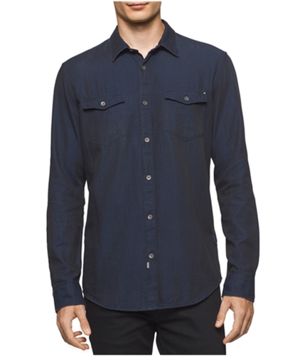 Calvin Klein Mens Distressed Button Up Shirt blueweft S