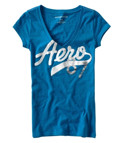 Aeropostale Womens V-neck Aero 87 Graphic T-Shirt blueduteal XS