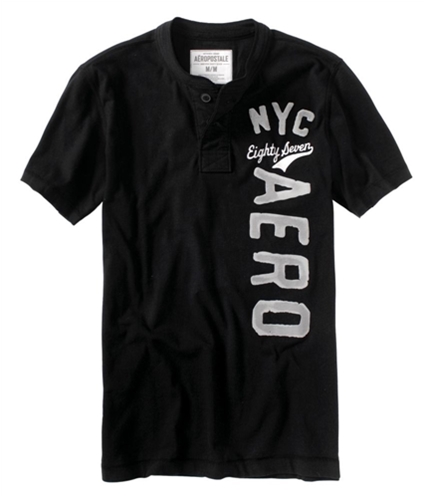 Aeropostale Mens Solid Nyc Puffed Paint Henley Shirt black L