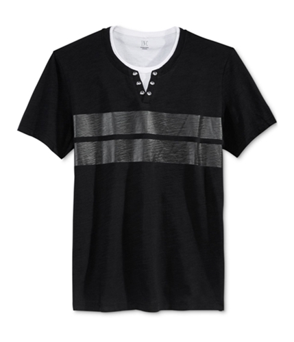 I-N-C Mens Gillman Stripe Split Neck Graphic T-Shirt deepblack M