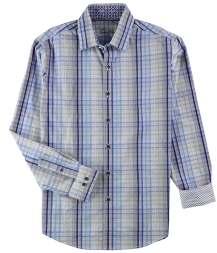 Tasso Elba Mens Sateen Plaid Button Up Shirt bluecombo M