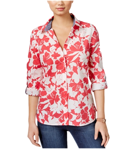 Tommy Hilfiger Womens Floral Button Up Shirt pink 2XL