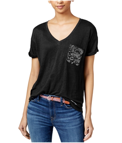 Tommy Hilfiger Womens Sequined Linen Basic T-Shirt 012 M