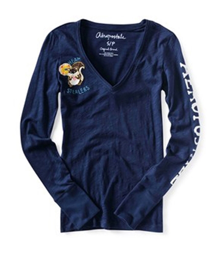 Aeropostale Womens Long Sleeve V-neck Character Graphic T-Shirt navyniblue S