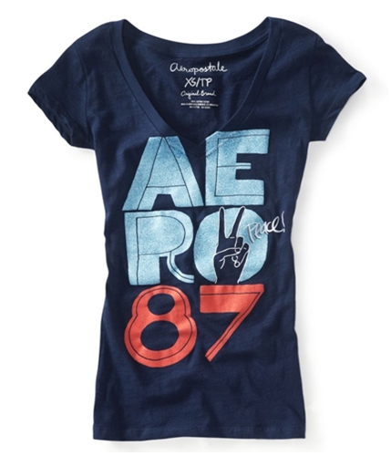 Aeropostale Womens V-neck Peace 87 Graphic T-Shirt navyni M
