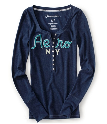 Aeropostale Womens Embroidered Ny Ribbed Henley Shirt navyni XS