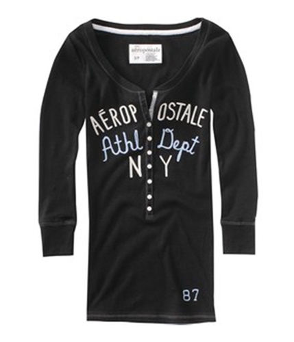 Aeropostale Womens Ribbed Athletic Dept Ny Henley Shirt black L