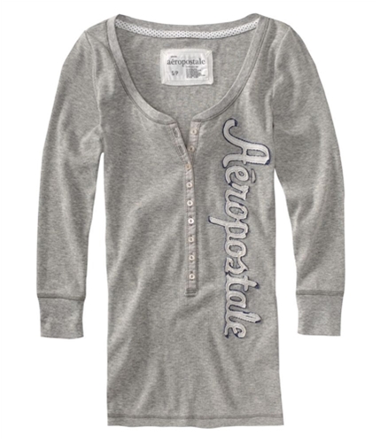Aeropostale Womens Embroidered Long Sleeve Henley Shirt lththrgray S