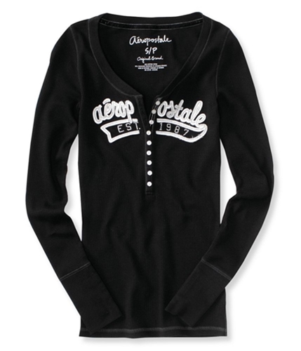 Aeropostale Womens Long Sleeve Thermal Henley Shirt black XS