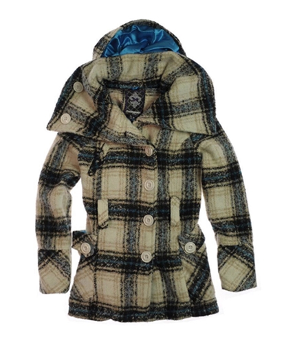 Dollhouse Womens Wool Plaid Belt Pea Coat offwtblue S