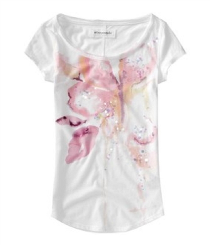 Aeropostale Womens Floral Watercolor Sequined Graphic T-Shirt bleachwhite XS