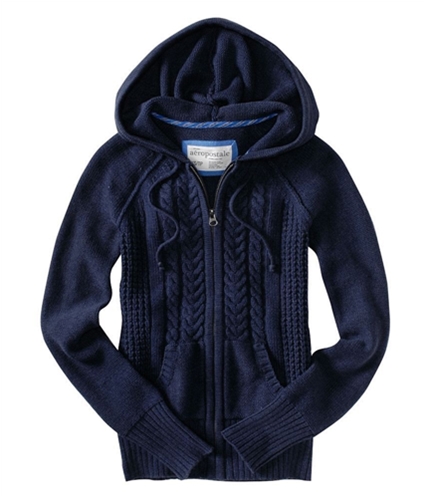 Aeropostale Womens Zipper Down Front Pocket Hooded Sweater navyniblue M