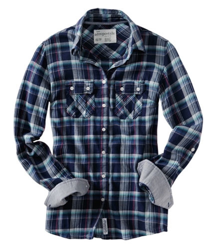 Aeropostale Womens Plaid Pocket Button Up Shirt navyniblue S