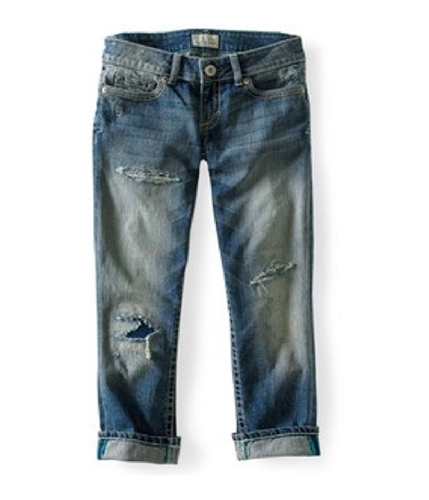 Aeropostale Womens Medium-wash Destroyed Denim Regular Fit Jeans 962 3/4x24