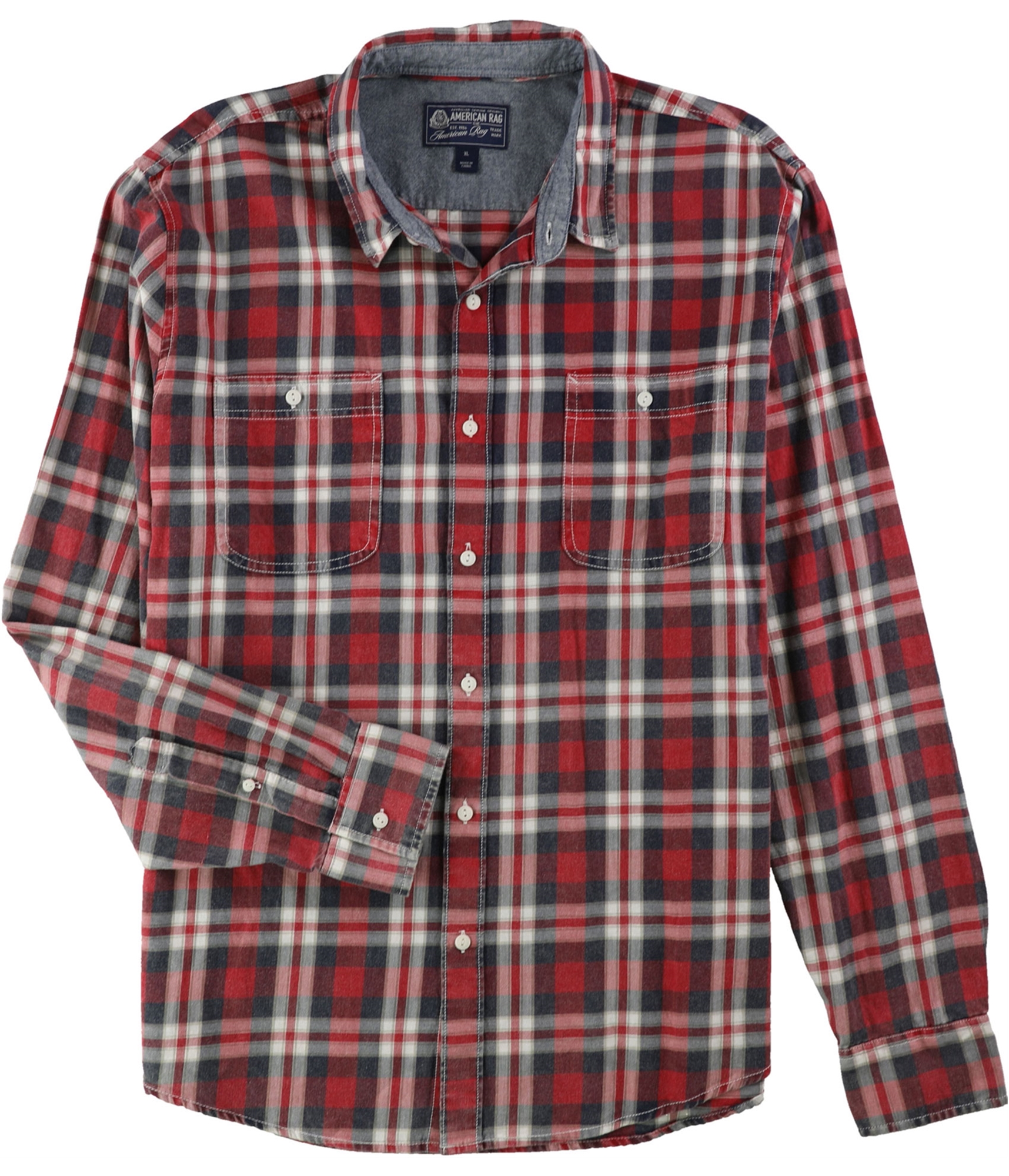 American Rag Mens Washed Plaid Button Up Shirt, Red, Large | eBay