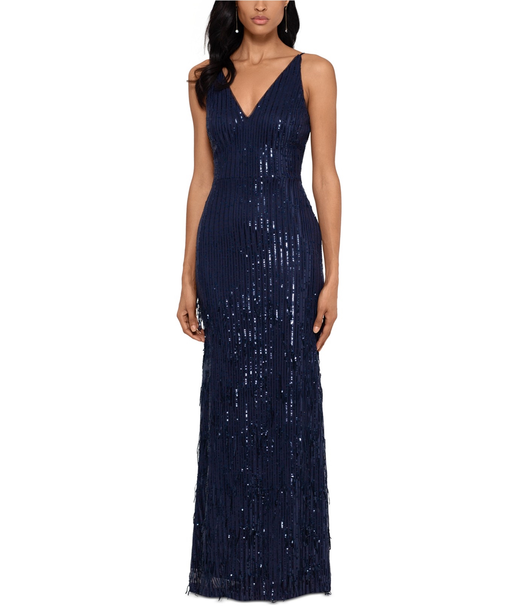 Pre-owned Xscape Womens Fringe Gown Dress In Blue