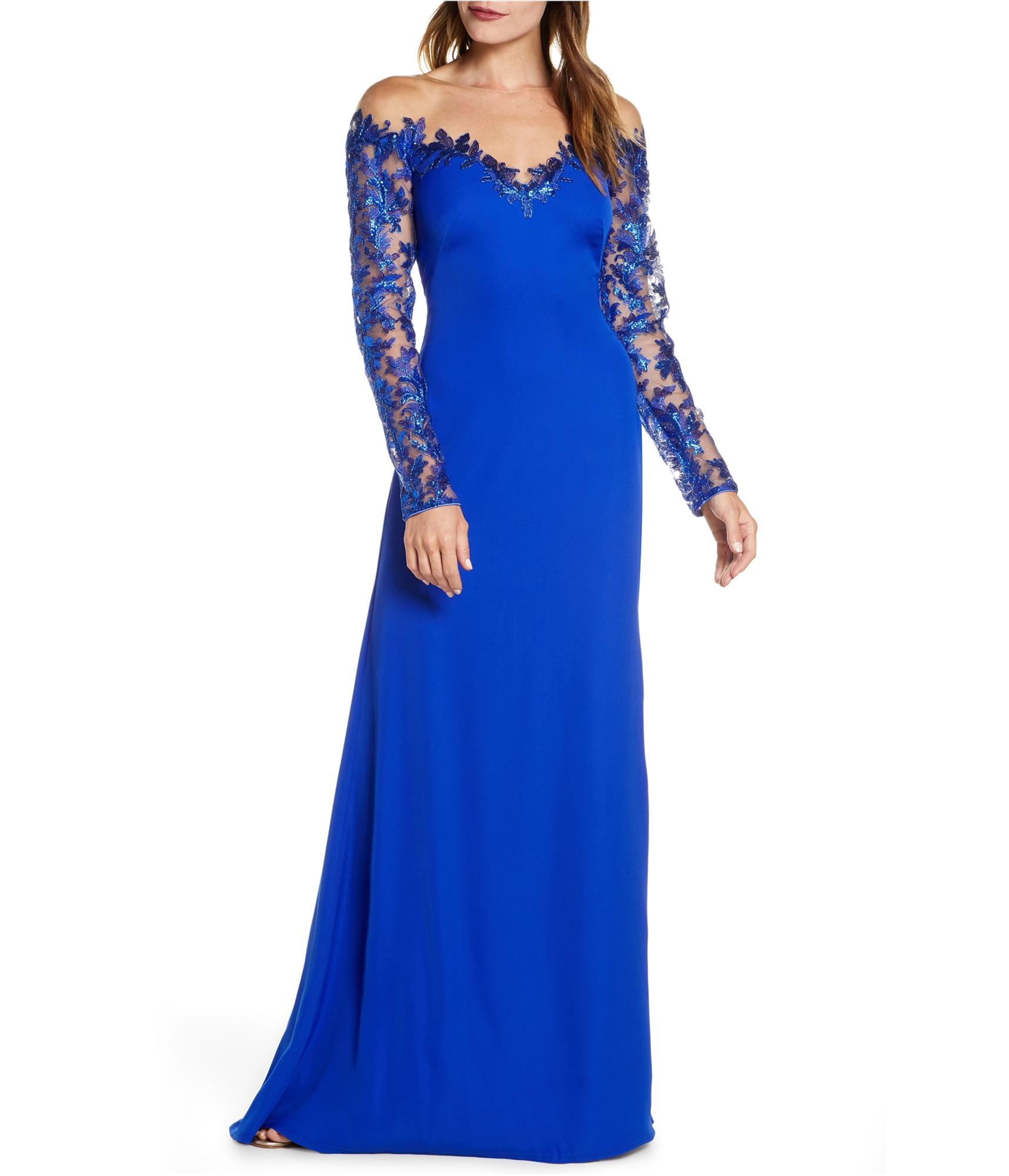 Pre-owned Tadashi Shoji Womens Crepe Lace A-line Gown Dress In Blue