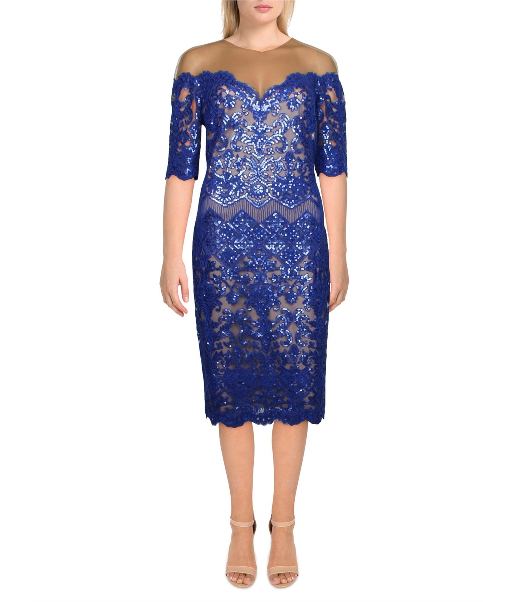 Pre-owned Tadashi Shoji Womens Sequin Cocktail Dress In Blue