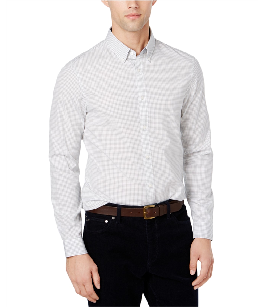 Michael Kors Mens Slim Fit Leland Check Button Up Shirt, White, XX ...