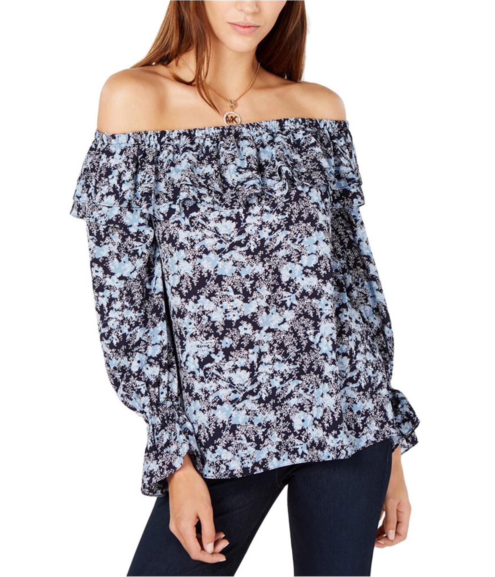 Michael Kors Womens Ruffle Pullover Blouse, Blue, Large | eBay