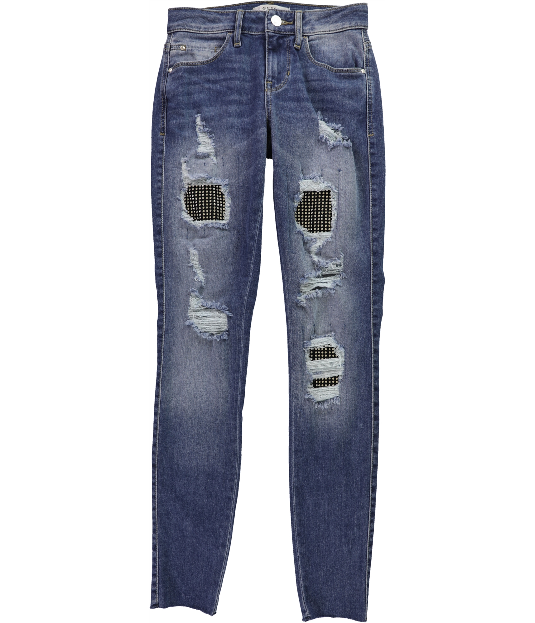 GUESS Womens Ripped Embellished Skinny Fit Jeans, Blue, 26 192541015138